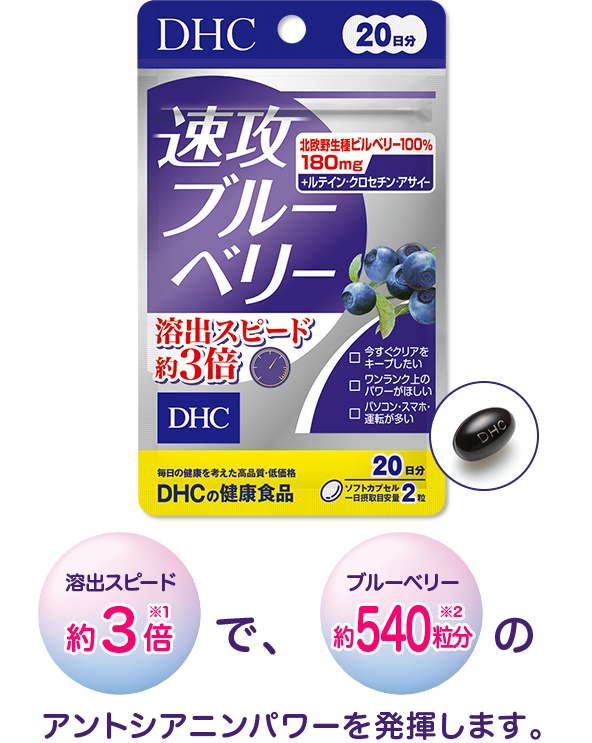 速攻ブルーベリー 溶出スピード約３倍で、ブルーベリー約540粒分のアントシアニンパワーを発揮します。